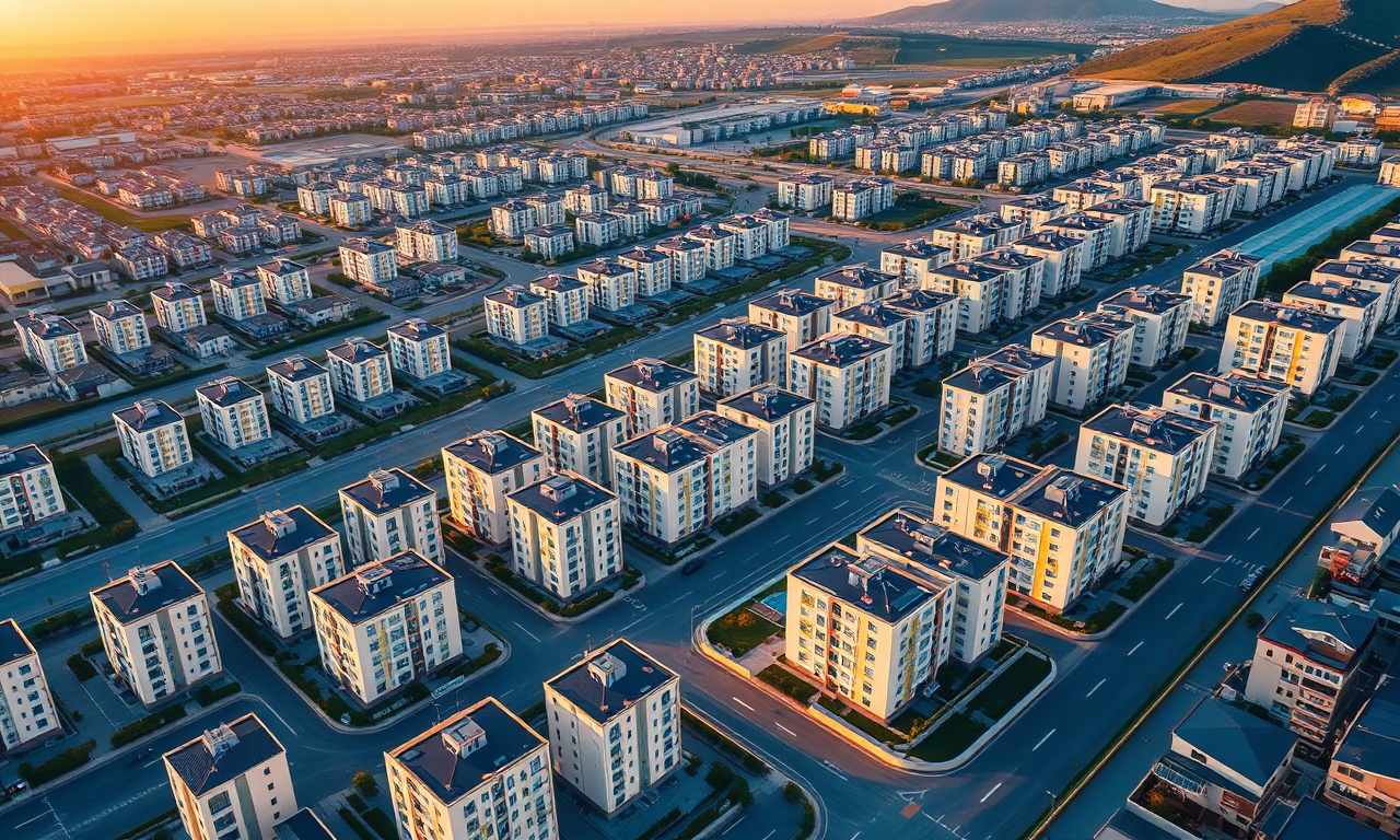 Sahinbey, Gaziantep'te modern konut blokları ve site dokusu — izometrik illüstrasyon