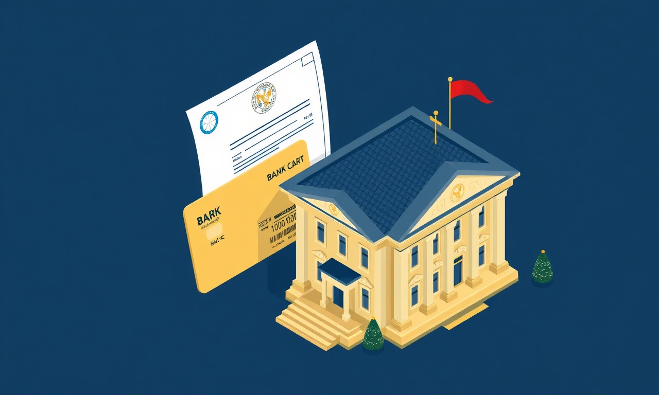 Site banka hesabı açma ve resmi kayıt işlemlerini gösteren izometrik belge ve banka illüstrasyonu