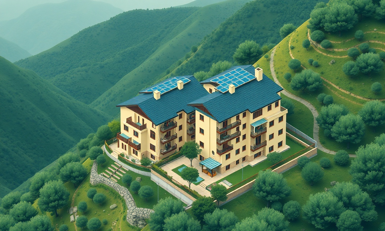 Camoluk Giresun'da yeşil yamaçlarda apartman binaları — lacivert ve altın tonlarında izometrik illüstrasyon