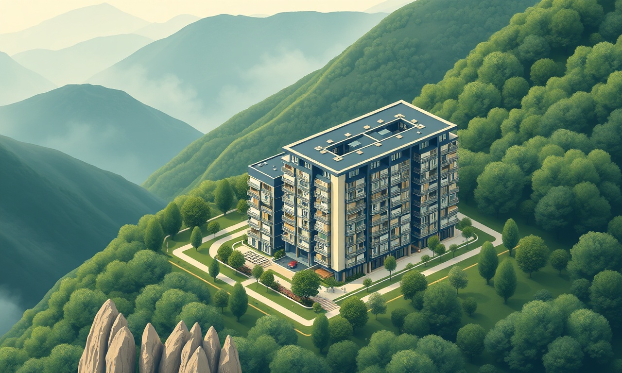 Dereli Giresun dağlık Karadeniz manzarasında apartman bloğu izometrik illüstrasyon