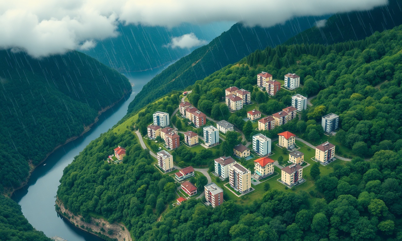 Dogankent ilçesinde vadi boyunca uzanan konut dokusu — Karadeniz'in nemli iklimiyle şekillenen eğimli arazi ve apartman silueti