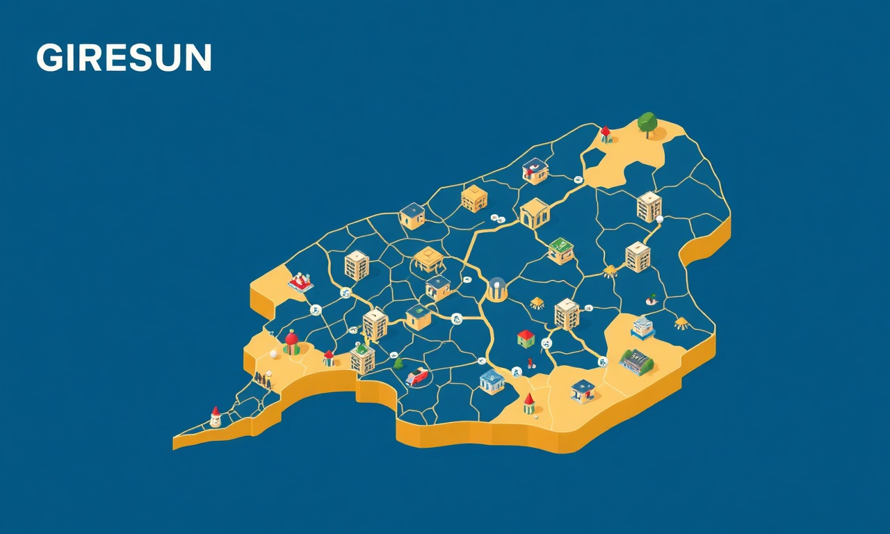 Giresun ilçeleri ve çevresinde site yönetimini gösteren izometrik bölge haritası illüstrasyonu
