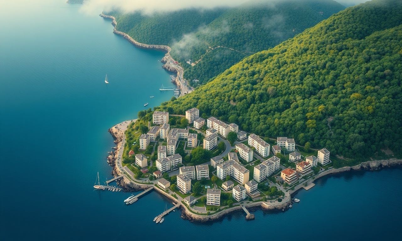 Guce, Giresun — Karadeniz konut dokusu ve yeşil yamaçlar, izometrik illüstrasyon