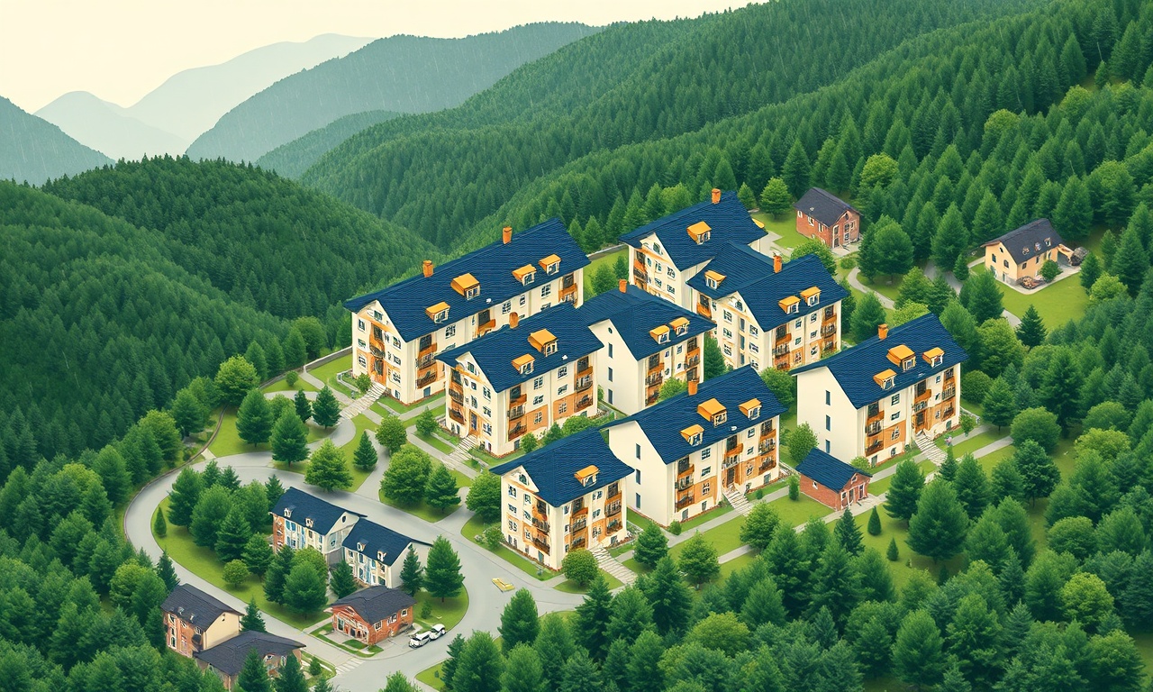 Kespriye Giresun'da yeşil dağ yamaçlarında apartman binaları illüstrasyonu