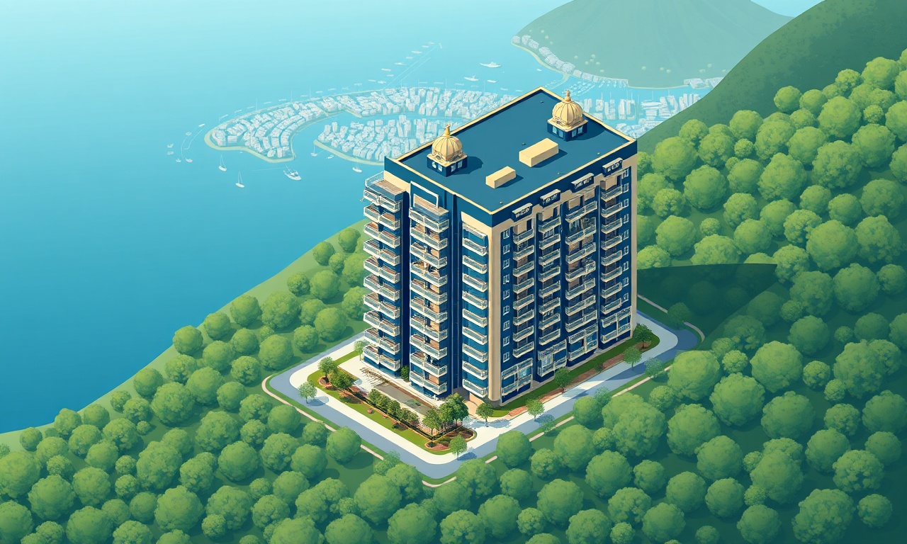 Giresun Merkez'de yeşil dağ yamacında konumlanan apartman binalarının izometrik görünümü, lacivert ve altın renk paleti