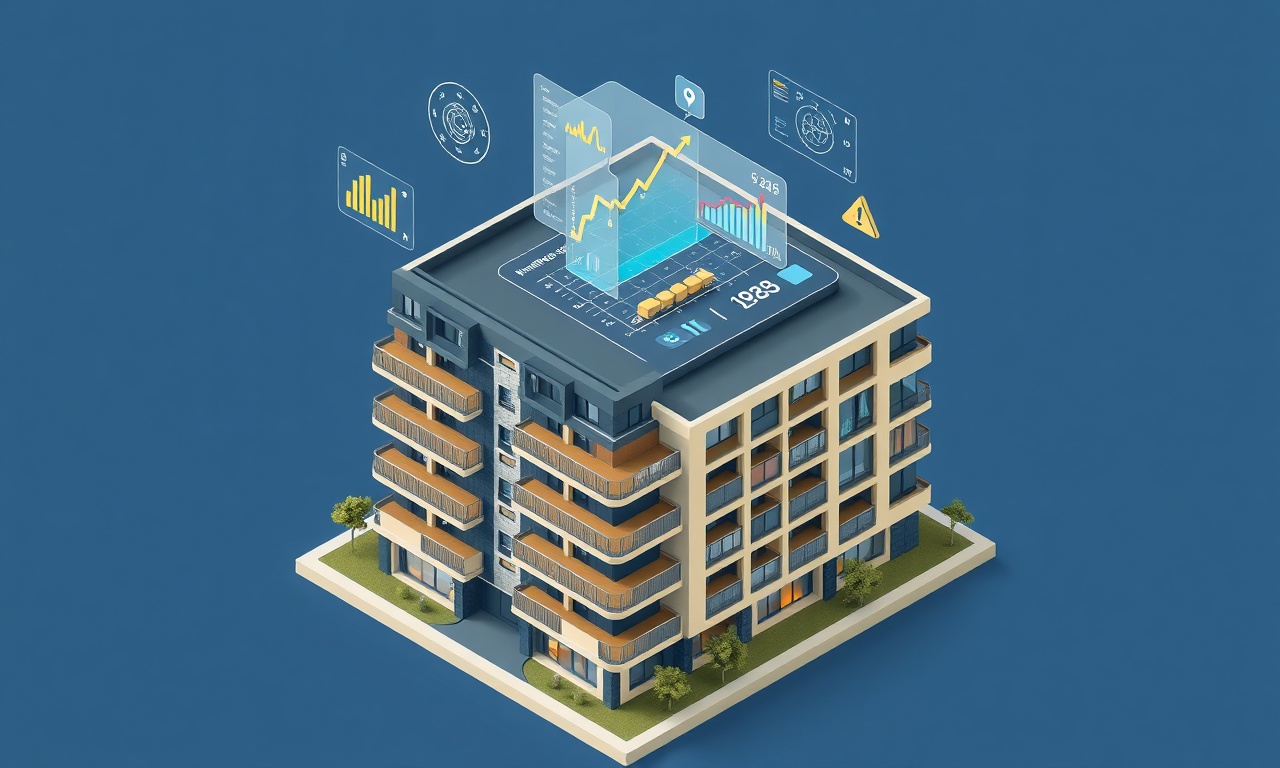 Yapay zeka destekli site yönetim platformunun apartman binasıyla bütünleşik izometrik dashboard görseli