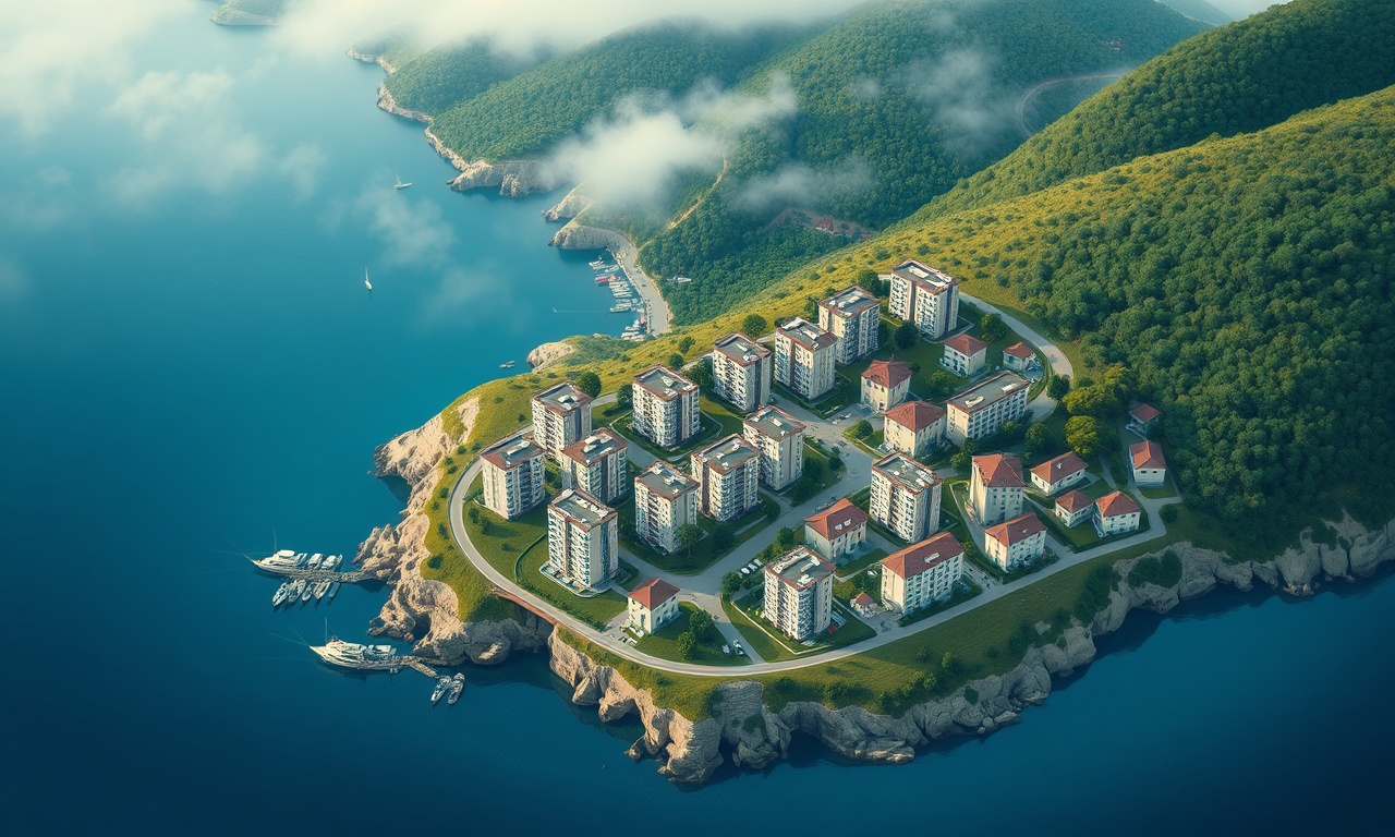 Piraziz, Giresun — Karadeniz kıyısındaki apartman ve site yapılaşmasını gösteren izometrik kentsel illüstrasyon