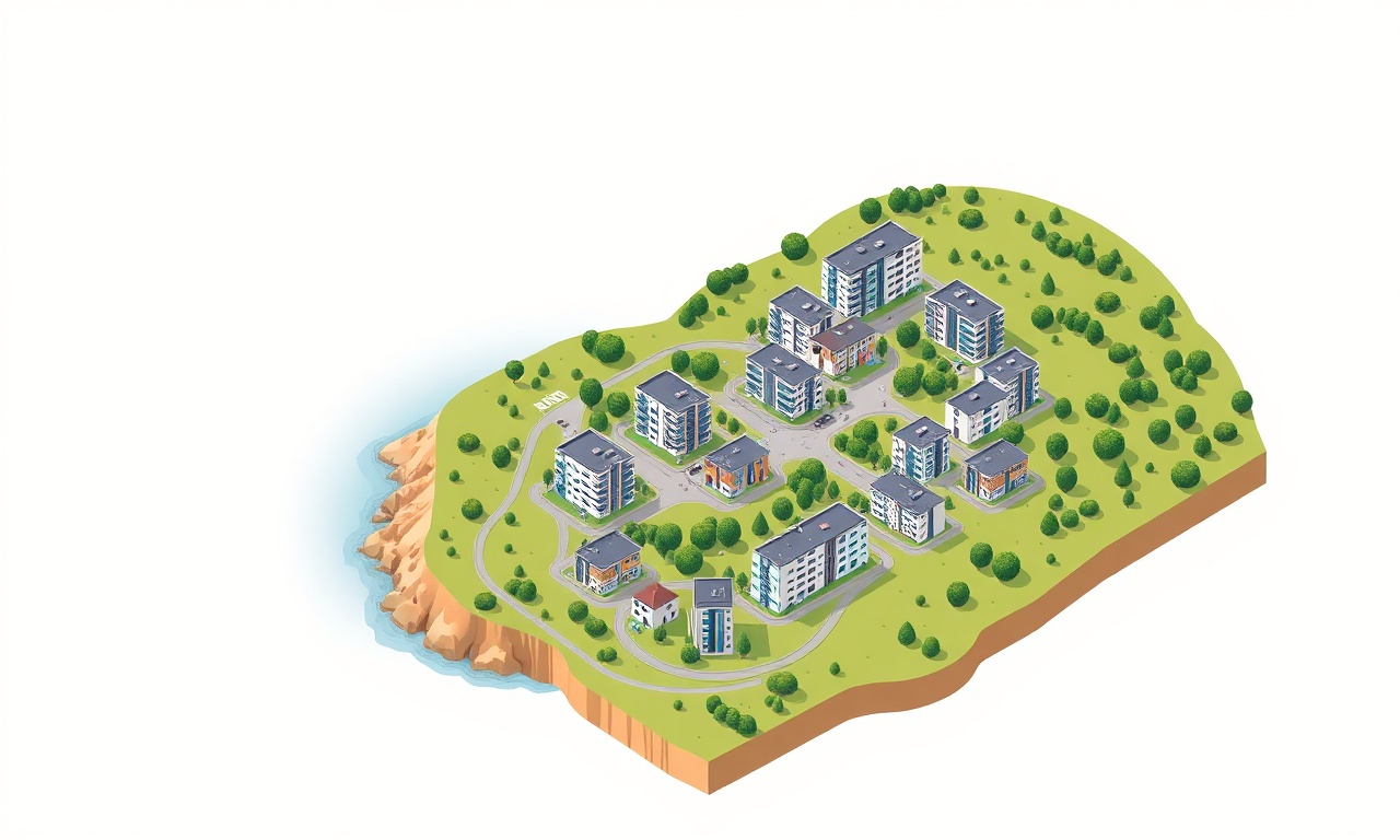 Tirebolu ve Karadeniz kıyısında apartman bloklarının izometrik görseli
