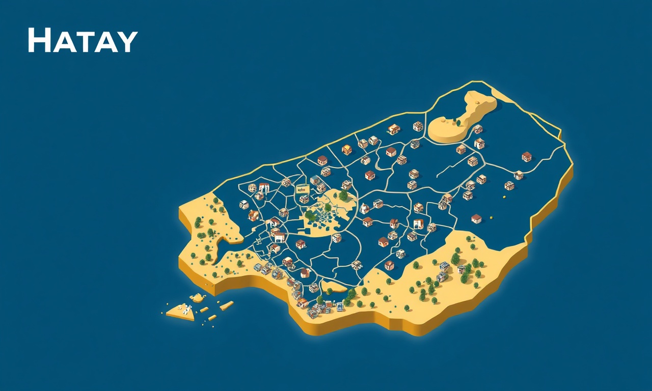 Hatay ili ilçeleri sahil ve iç kesim konut alanları izometrik harita illüstrasyon