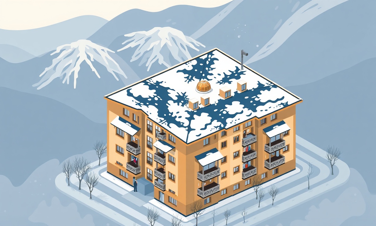 Aralik ilçesinde kar altında apartman blokları ve Doğu Anadolu dağ silueti, lacivert altın çizimsel illüstrasyon