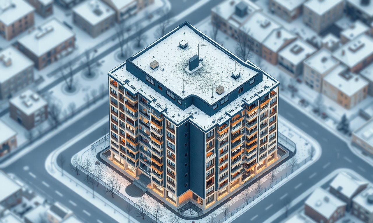 Iğdır Merkez'de kışın kar altında kalan bir apartman bloğunun izometrik illüstrasyonu, lacivert ve altın tonlarında