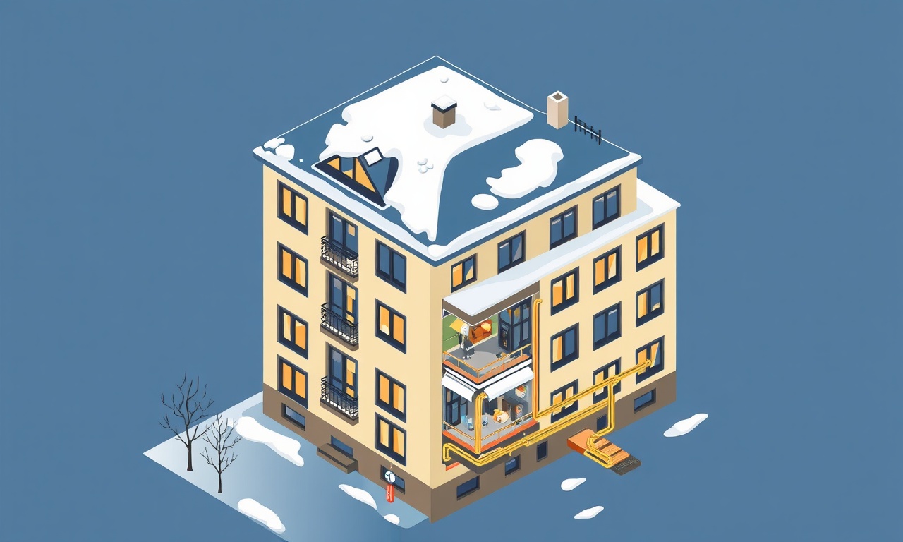 Iğdır'ın sert kış koşullarında ısıtma sistemi olan bir apartman binasının izometrik kesit illüstrasyonu