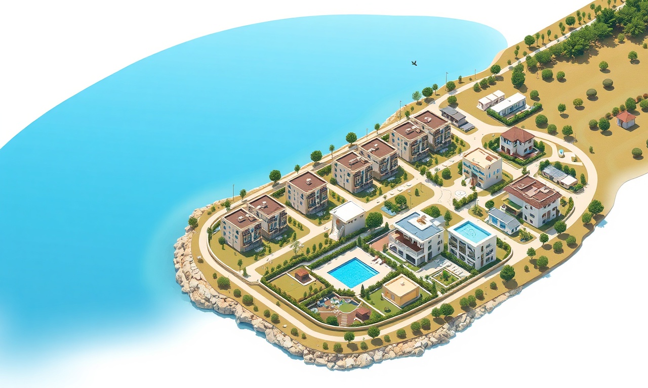Egirdir gölü kıyısında modern konut siteleri ve apartmanların izometrik çizimi