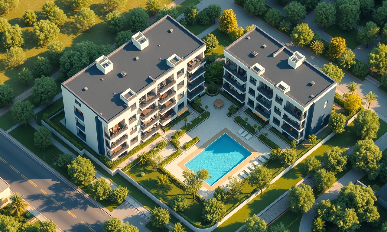 Gonen Isparta'da akdeniz iklimli site kompleksi, lacivert altın renk paleti ile izometrik illüstrasyon