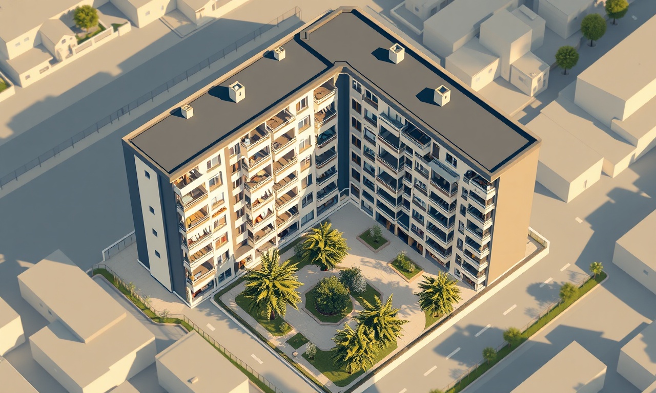 Isparta Merkez'de konut sitesi izometrik illüstrasyonu, lacivert ve altın renk paleti