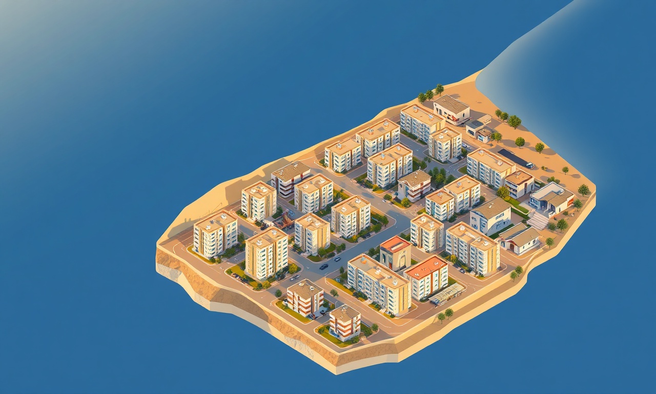 Senirkent ve çevresinde apartman ve site yapılarının izometrik görünümü, lacivert ve altın tonları