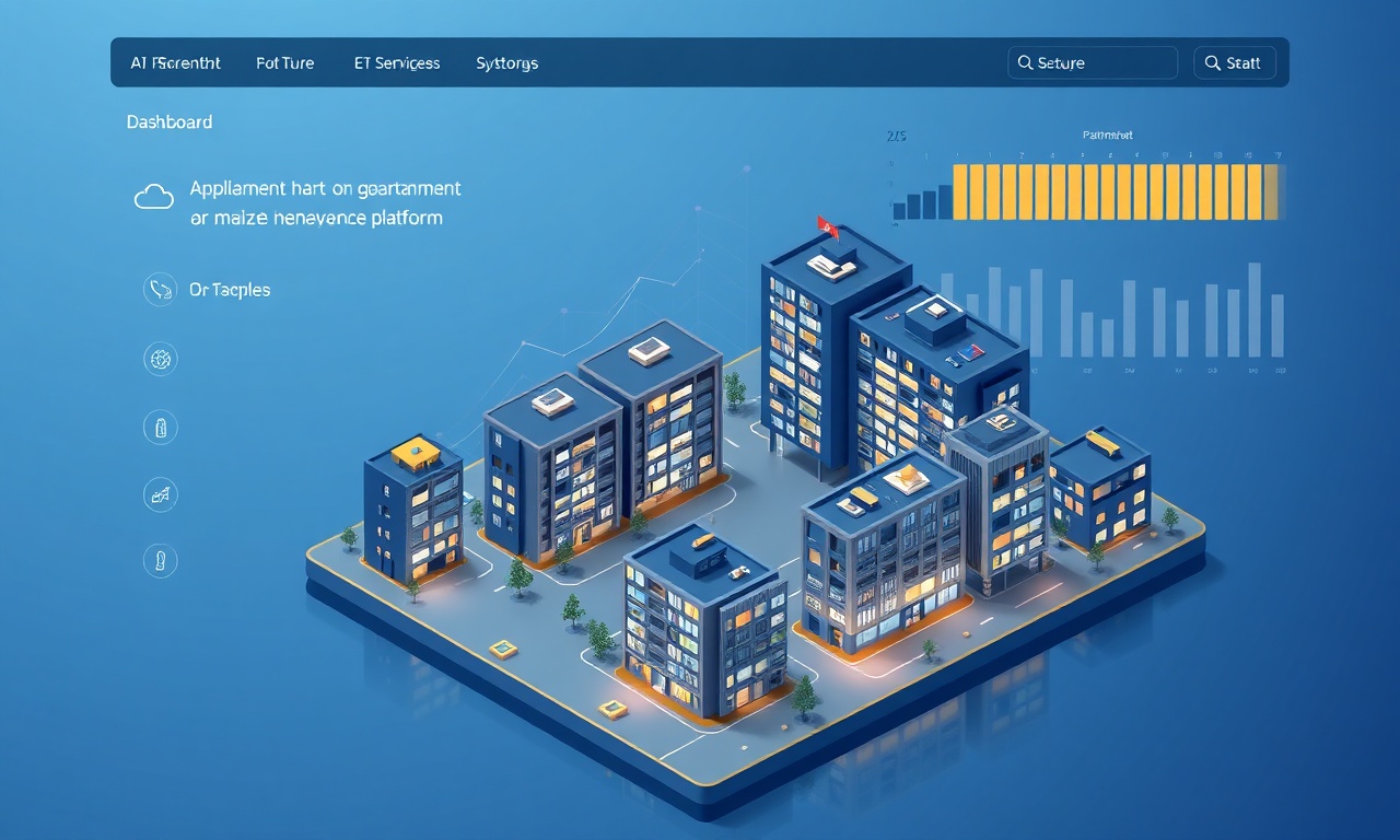 AI destekli site yönetim platformu dashboard izometrik illüstrasyon, Adalar İstanbul kıyı binaları arka planda, lacivert altın tonları