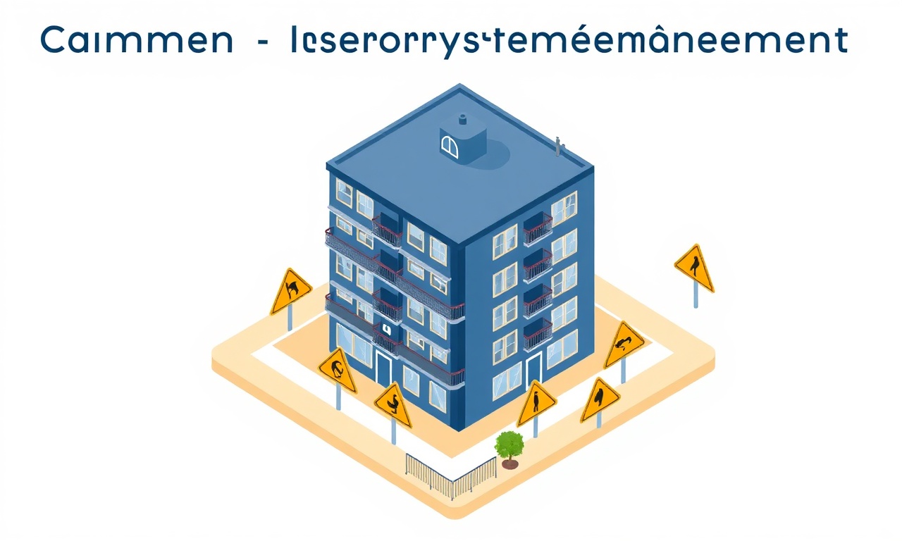 Sık yapılan site yöneticisi hataları konsepti, izometrik illüstrasyon, apartman binası etrafında uyarı işaretleri, lacivert altın krem renk paleti
