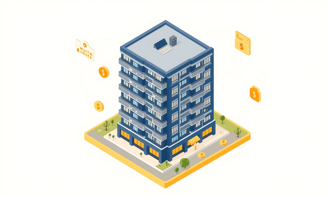 Apartman aidat tahsilatı kavramı, izometrik illüstrasyon, lacivert altın krem arka plan, modern konut bloğu ve ödeme akışı