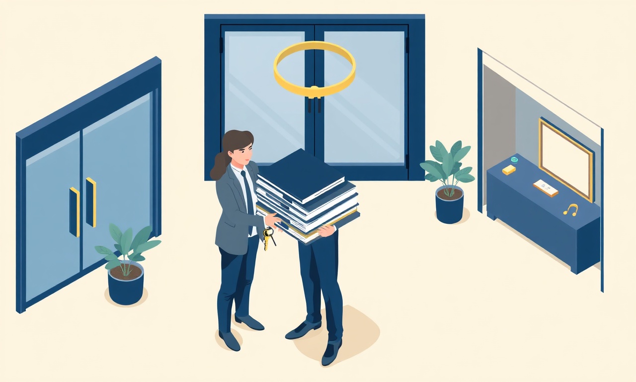 Yeni site yöneticisine devir-teslim evraklarının teslim edilmesi — apartman girişi izometrik illüstrasyon
