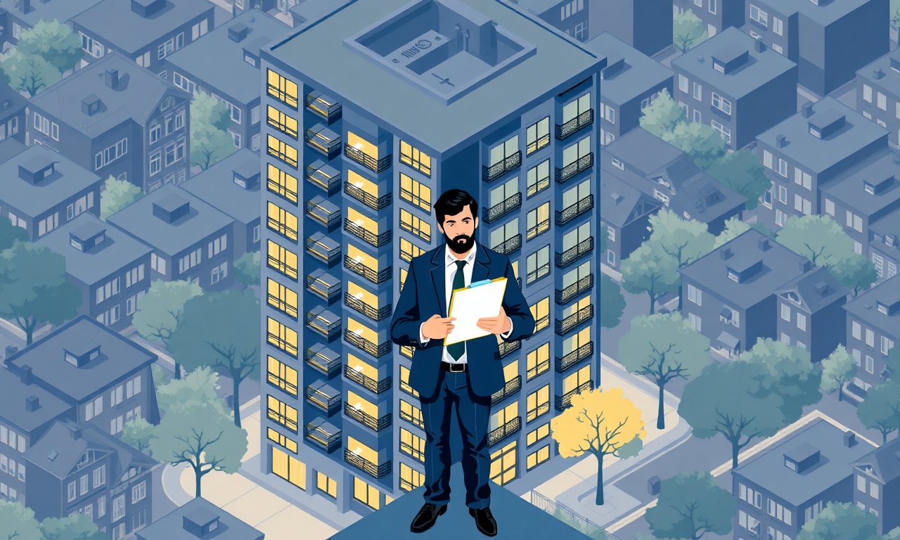 Yeni site yöneticisi apartman önünde belge inceliyor izometrik illüstrasyon