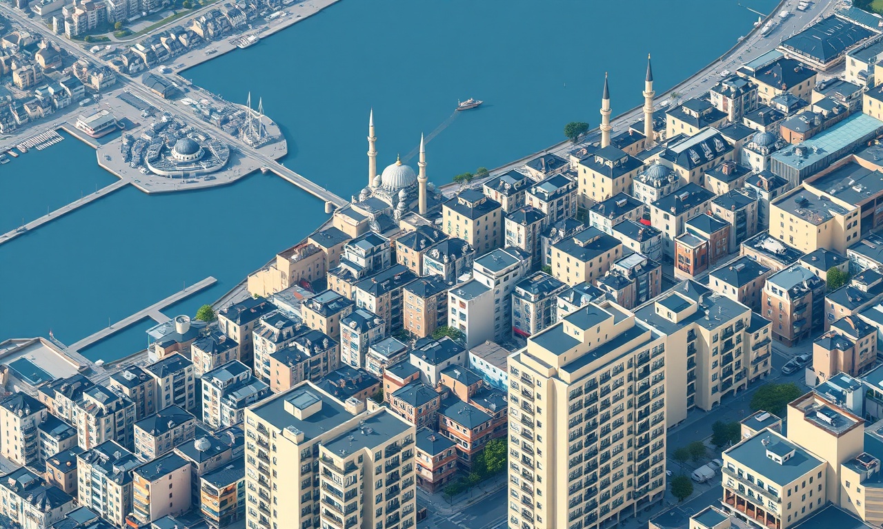 Fatih ilçesi apartman ve site yapılarının izometrik İstanbul silueti görseli, lacivert ve altın renk paleti