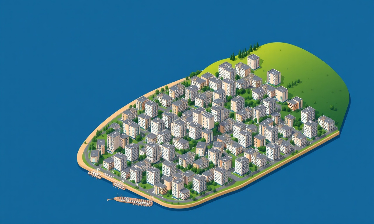 Sariyer ilçesinde çok katlı konut blokları ve İstanbul Boğazı silüeti — izometrik mimari illüstrasyon
