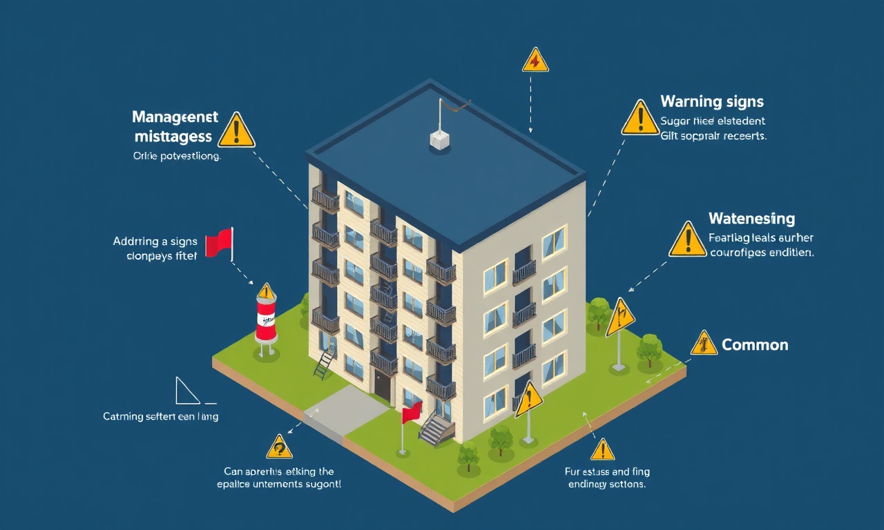 Yeni site yöneticilerinin sık yaptığı hataları uyarı sembolleriyle gösteren izometrik apartman çizimi