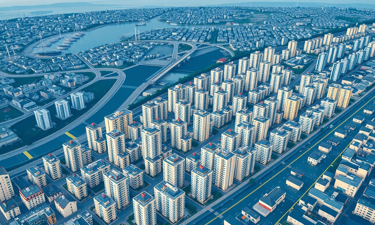 Şişli, İstanbul'da çok katlı konut blokları ve site yapıları — kentsel site yönetimi illüstrasyonu