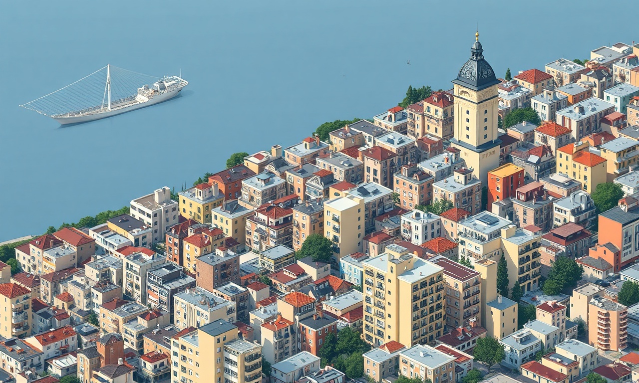 İstanbul yoğun kentsel doku, eski ve yeni karma konut tiplerini gösteren apartman blokları, Boğaz arka planda, lacivert-altın-krem tonu