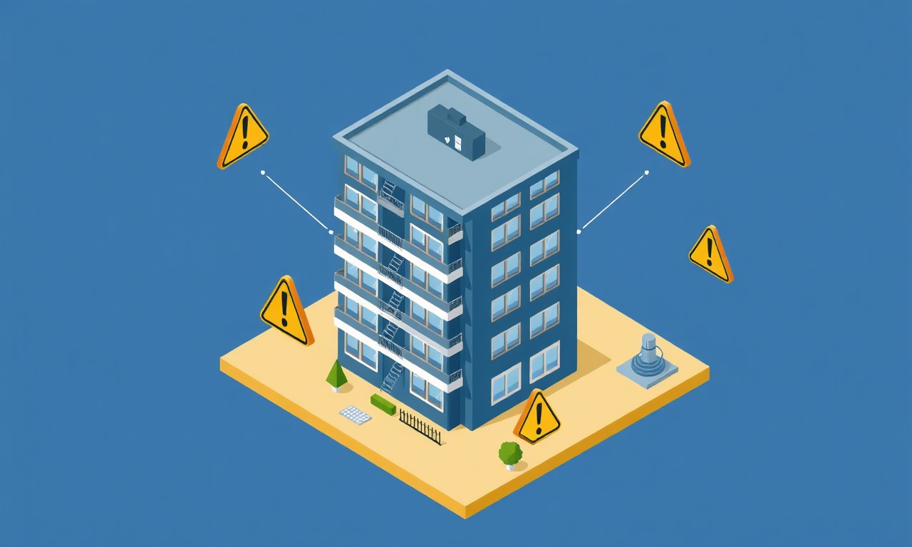 Yeni site yöneticisinin sık yaptığı 7 hata için uyarı ve hata ikonları, apartman yönetimi konsepti, lacivert-altın-krem tonu