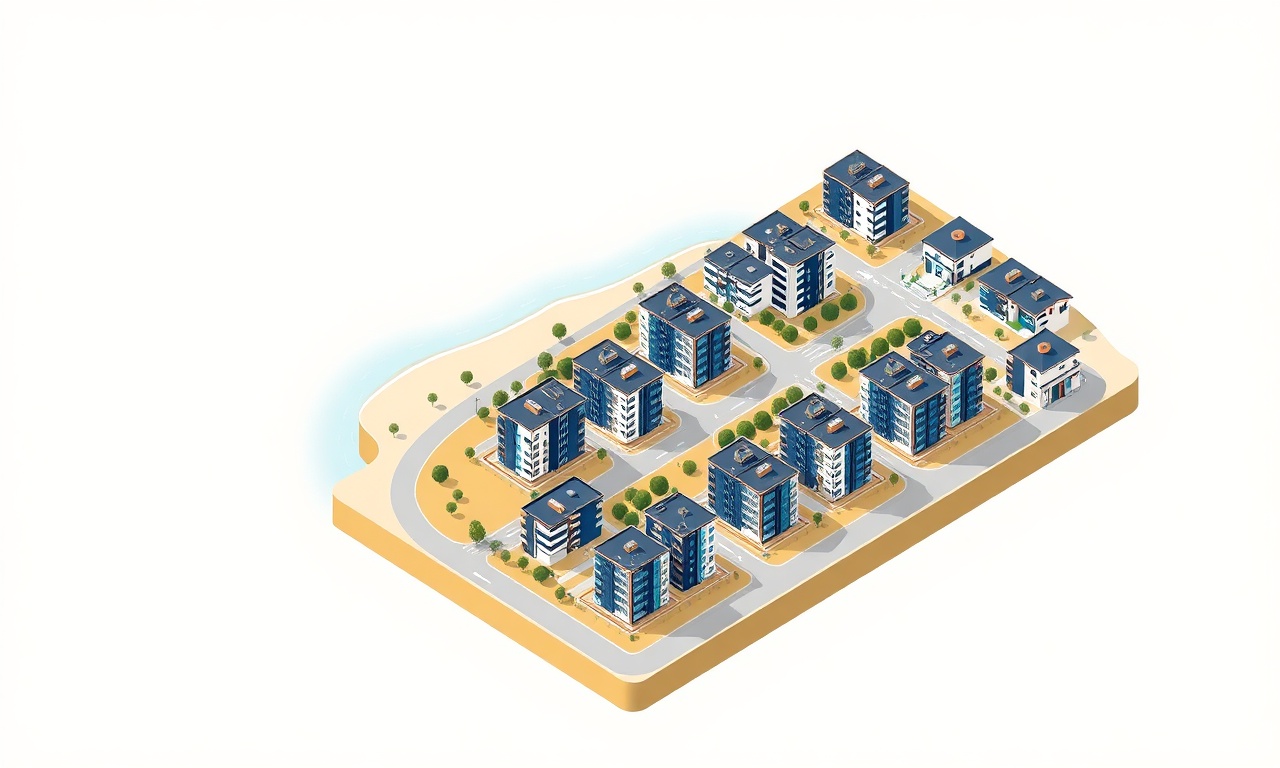 Balcova İzmir kıyısına yakın modern konut sitelerinin izometrik illüstrasyonu, lacivert ve altın renk paleti