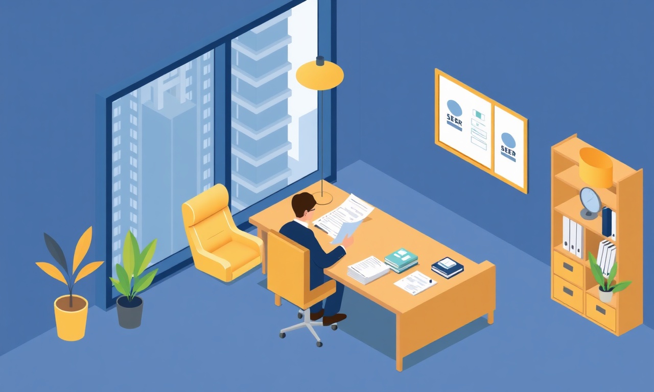 Yeni site yöneticisinin devir teslim belgelerini incelediği ofis, izometrik illüstrasyon