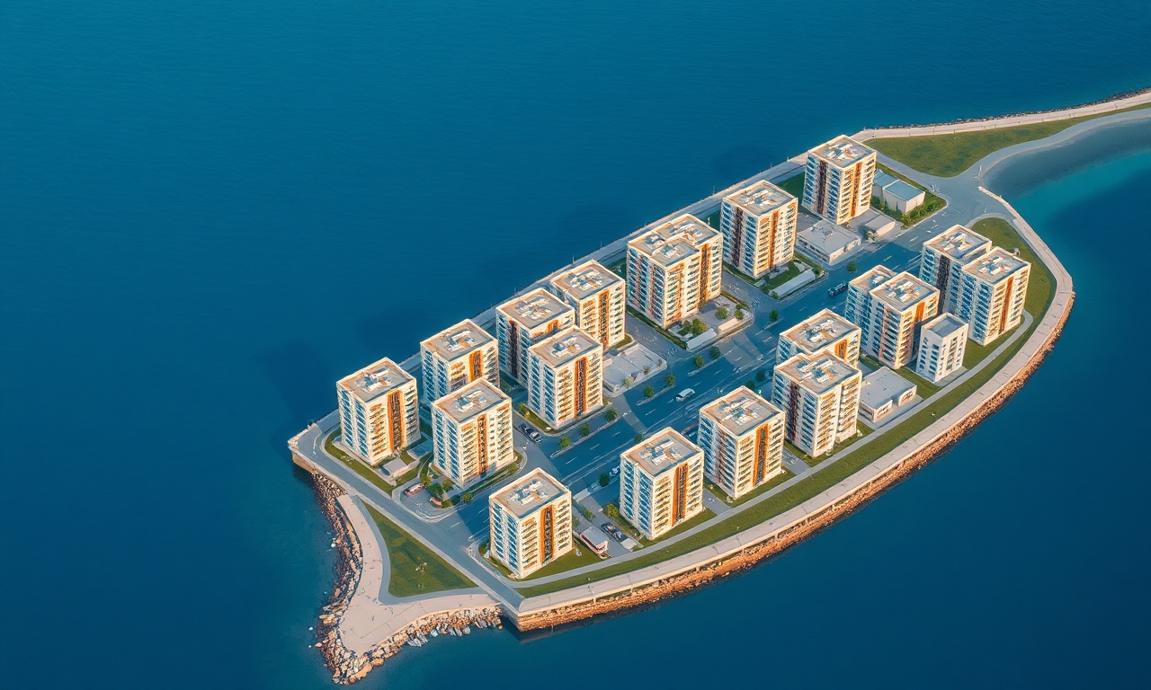 Bayrakli İzmir sahil hattı boyunca sıralanan kentsel konut binaları ve site yapıları, lacivert ve altın tonlarında izometrik görünüm