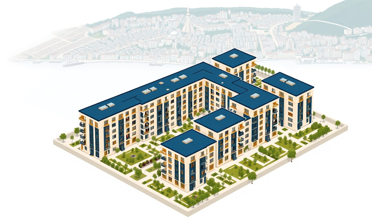 Bornova İzmir'de modern konut sitesi izometrik görünümü, lacivert ve altın renk paleti