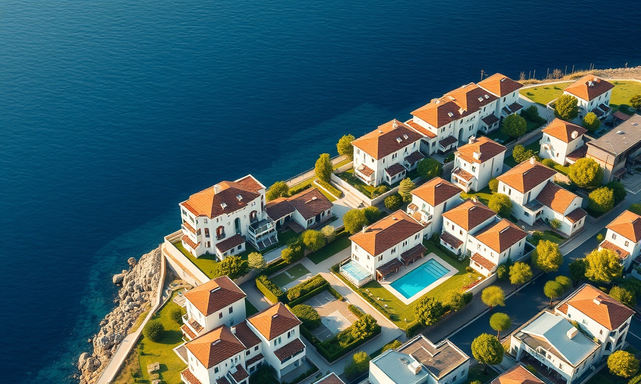 Çeşme İzmir sahil konutları havadan izometrik görünüm, lacivert-altın-krem renk paleti