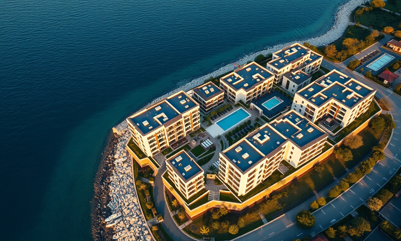Cigli İzmir'de modern bir konut sitesinin izometrik havadan görünümü, lacivert ve altın renk paleti