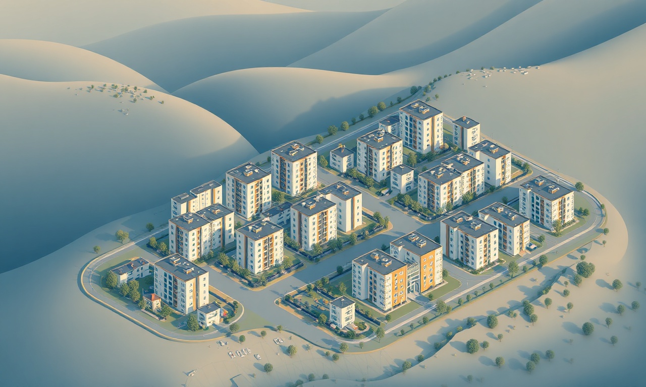 Kemalpasa İzmir'de apartman blokları ve yeni konut sitelerinin izometrik mimari illüstrasyonu, lacivert ve altın renk paleti