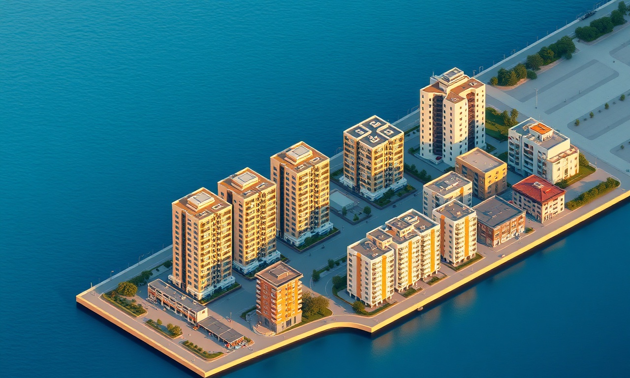 Konak, İzmir'de sahil hattı boyunca sıralanan modern ve eski apartman blokları, izometrik mimari illüstrasyon
