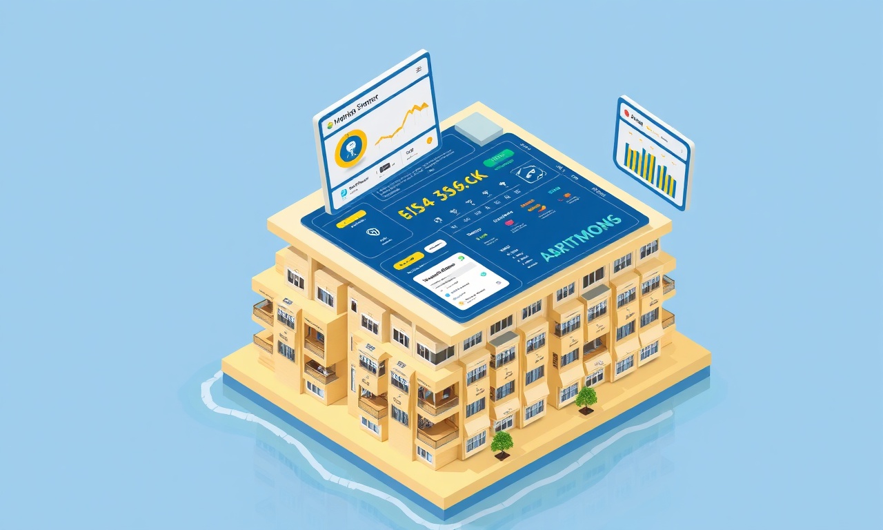 Site yönetimi modüllerinin kıyı apartmanı üzerinde yüzer panel olarak gösterildiği izometrik illüstrasyon