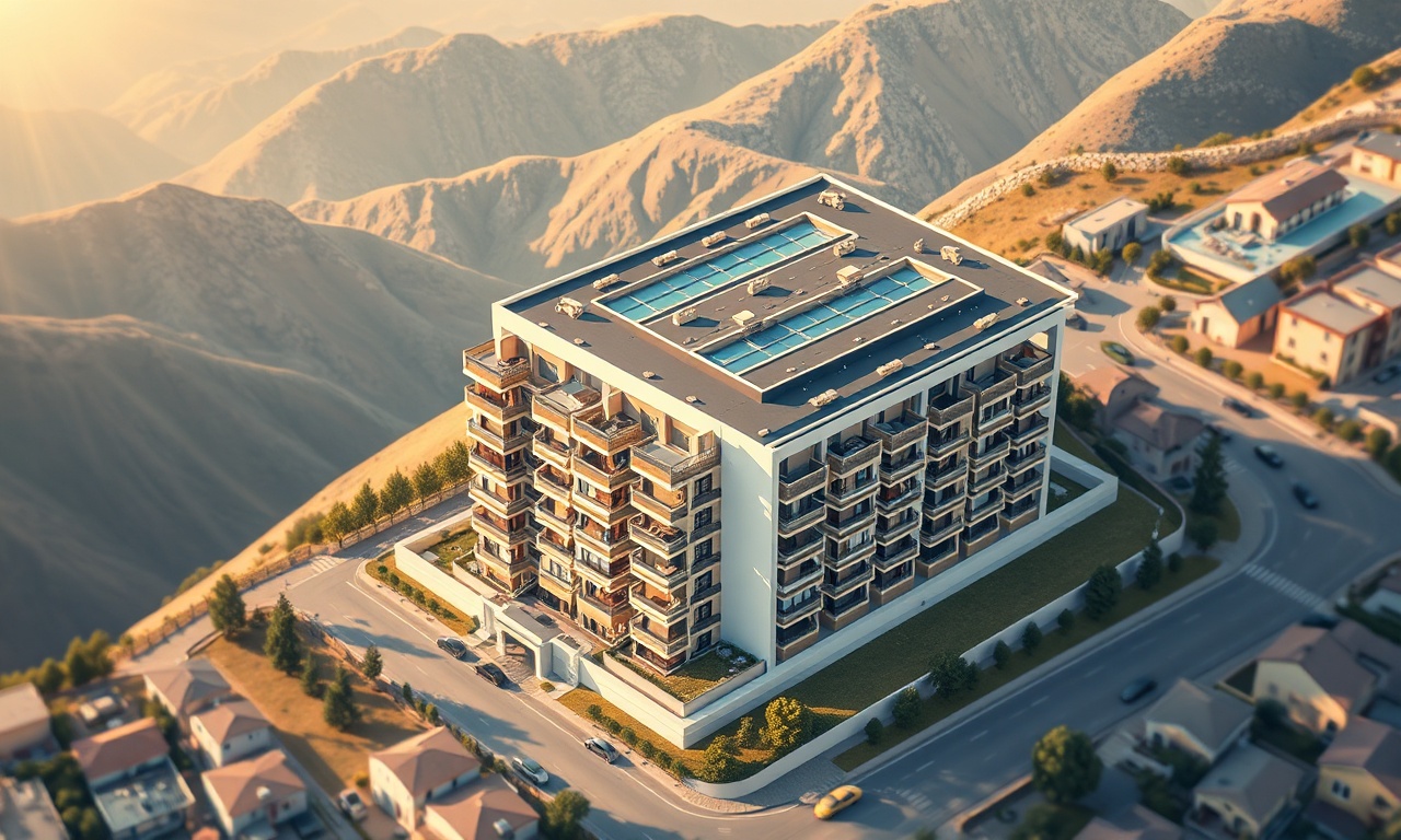 Afsin Kahramanmaraş'ta bir apartman sitesinin izometrik görseli, lacivert ve altın tonlarında