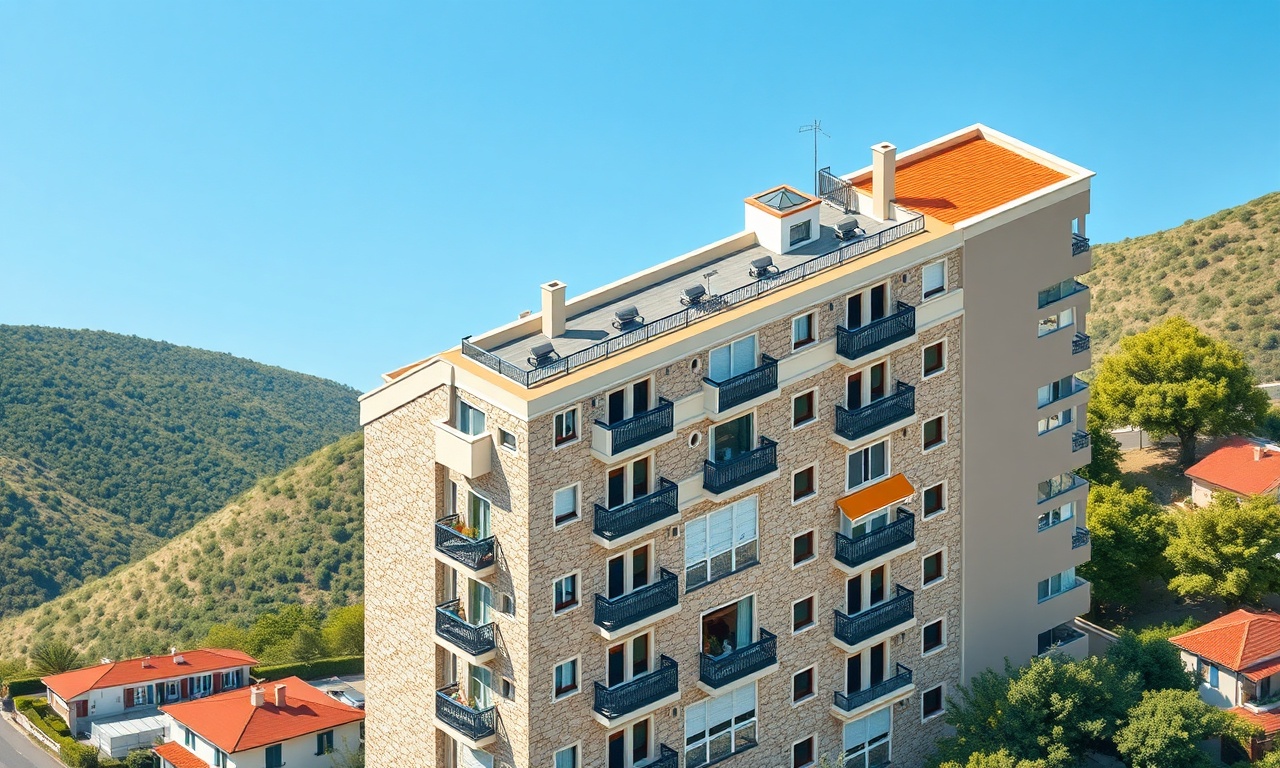Andirin Kahramanmaraş'ta Akdeniz iklimine özgü yeşil tepeler arasında konumlanmış apartman blokları — lacivert ve altın tonlarında izometrik illüstrasyon