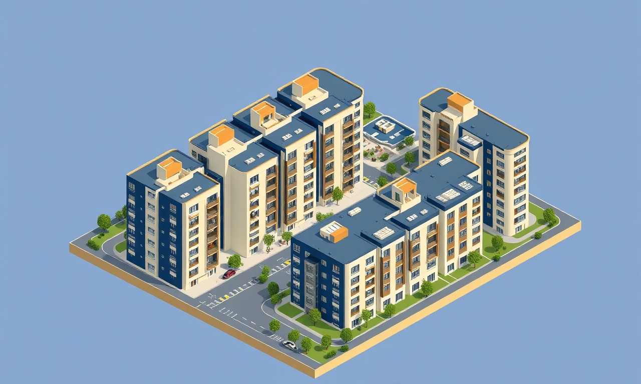 Dulkadiroglu'de apartman ve site kompleksinin izometrik illüstrasyonu, lacivert ve altın renk paleti