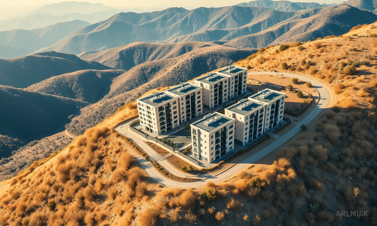 Pazarcik Kahramanmaraş'ta apartman kompleksinin izometrik illüstrasyonu, lacivert ve altın tonları