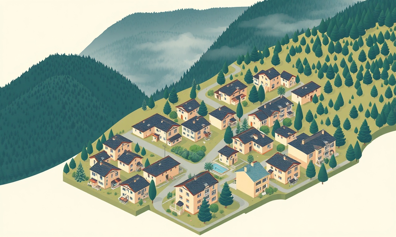 Eflani Karabük konut ve apartman silueti, ormanlık Karadeniz dağları arka planında izometrik illüstrasyon
