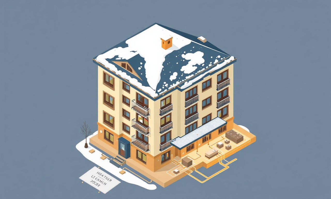 Karasal iklim kış koşullarında apartman yönetimi, ısıtma sistemi ve çatı kar yükü, izometrik illüstrasyon