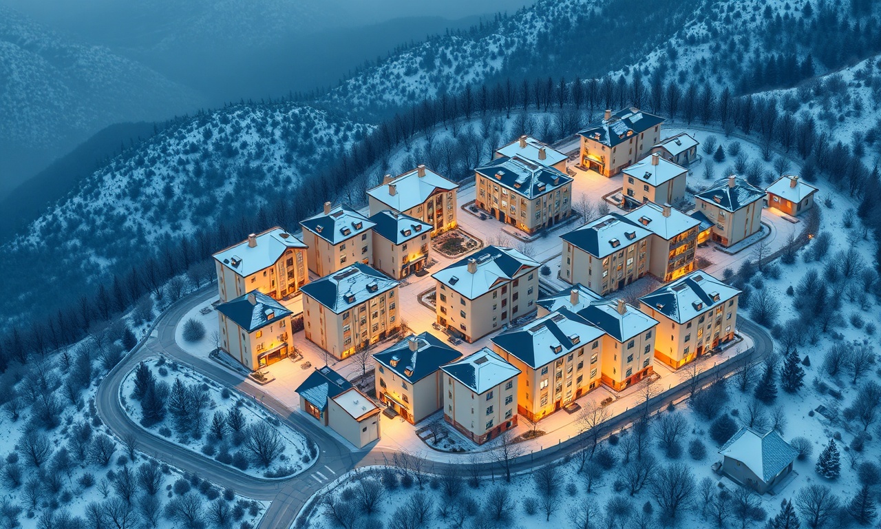 Ermenek ilçesinde apartman ve site yapıları, kışın karlı çatılar, İç Anadolu kentsel dokusu