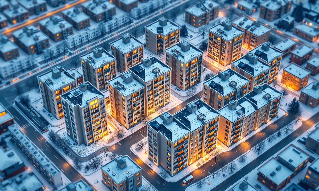 Merkez Karaman ilçesinde kışın kar altında apartman binaları, İç Anadolu kent dokusu