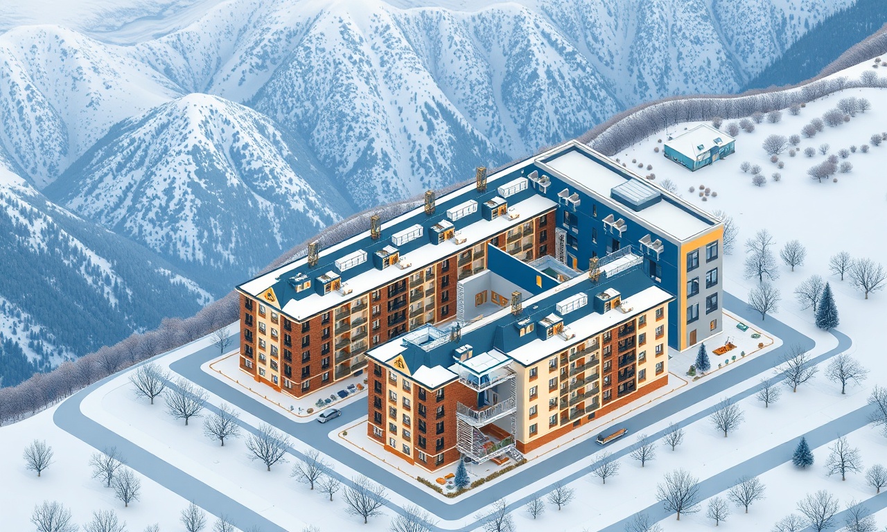 Sarikamis ve Kars'ta karlı kış ortamında apartman ve site yapıları, doğu Anadolu konut silueti