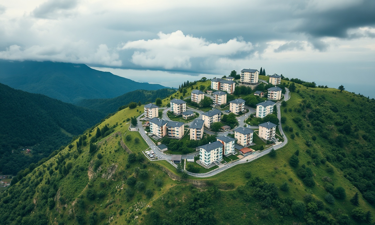 Arac ilçesinde eğimli arazide konumlanan konut binaları, Karadeniz iklimine özgü yeşil tepeler